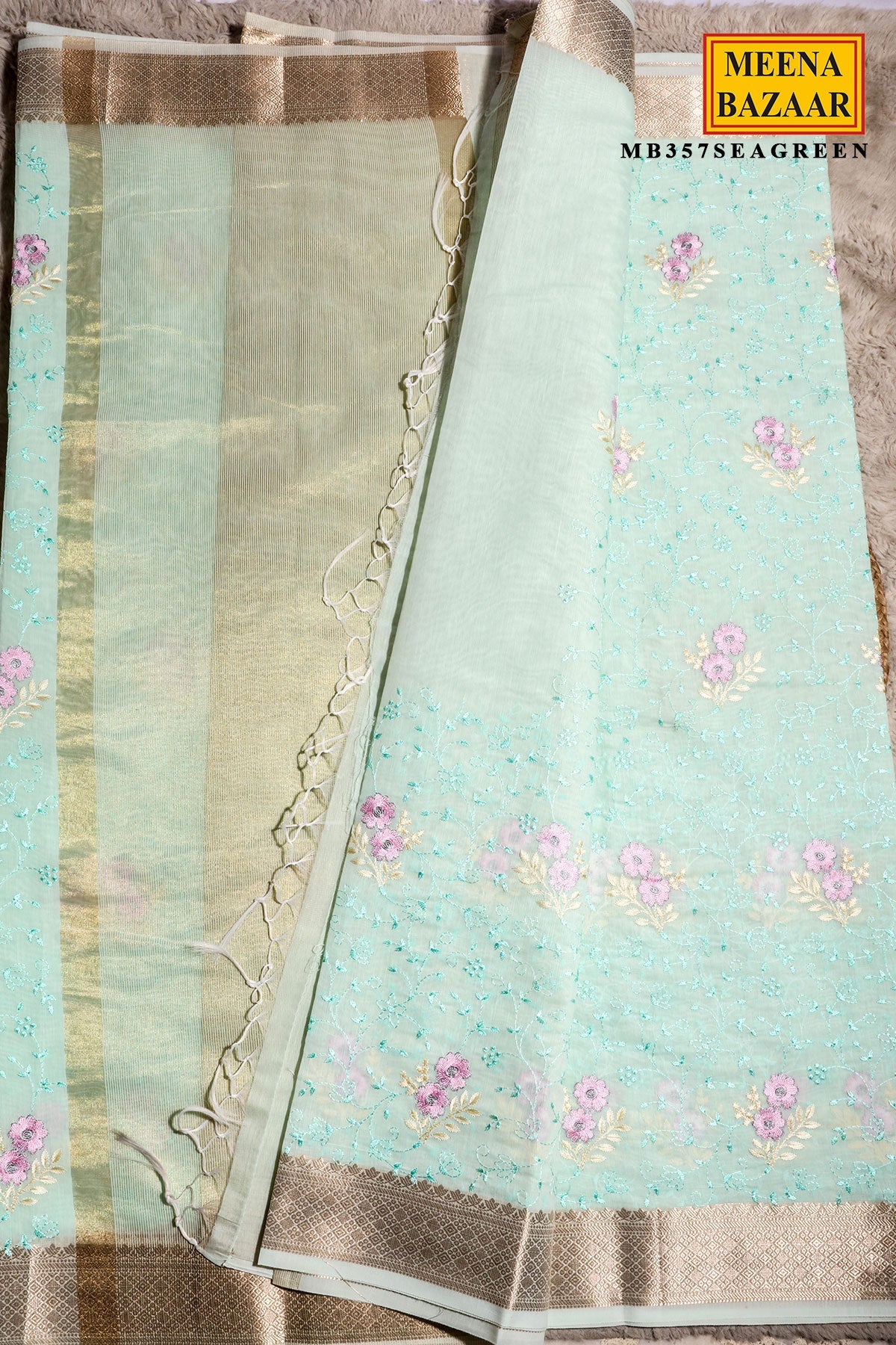 Sea Green Cotton Resham Jaal Saree