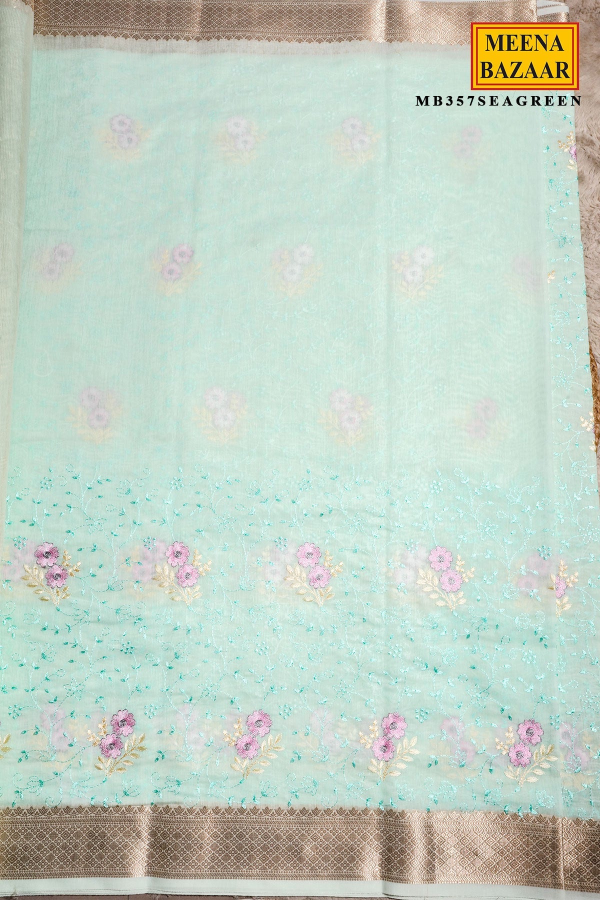 Sea Green Cotton Resham Jaal Saree