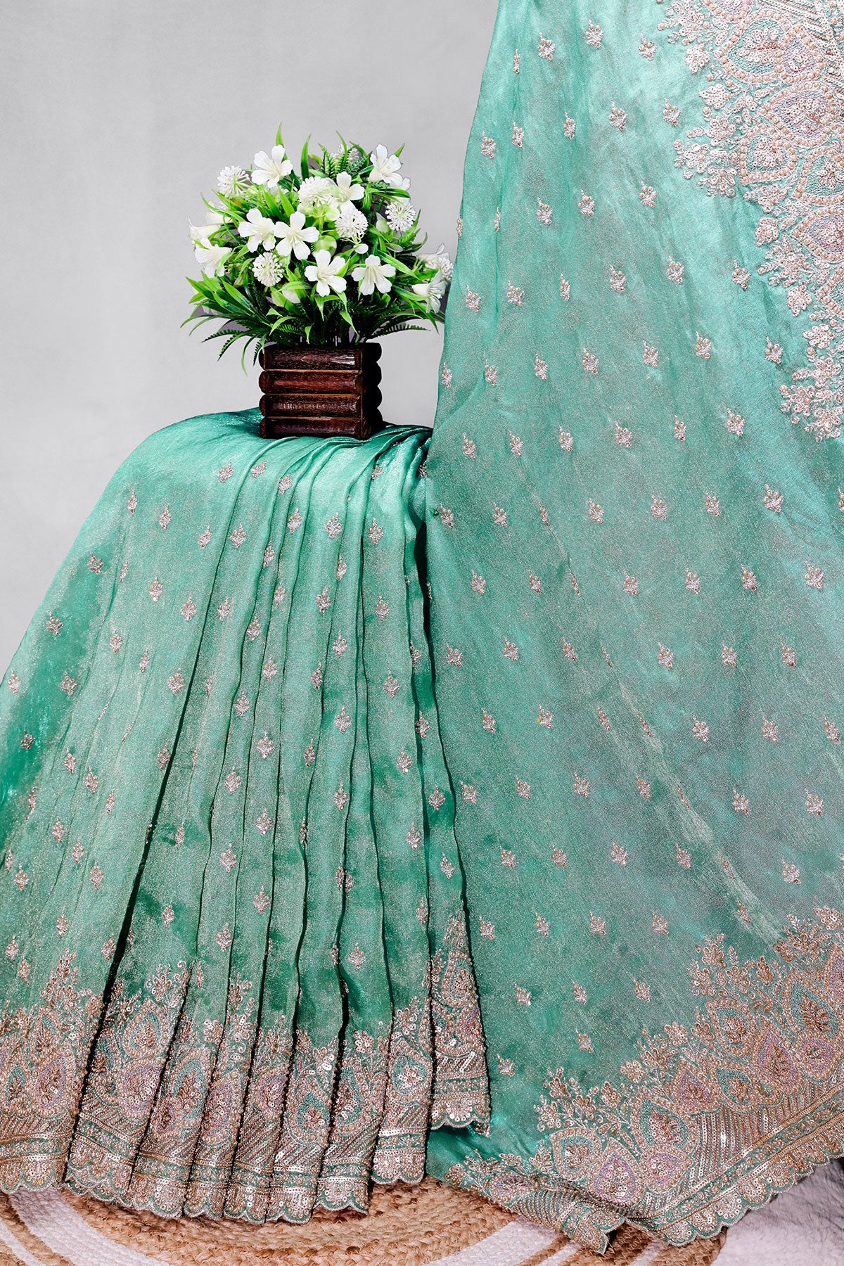 Firozi Shimmer Saree Elegant Party & Festive Wear