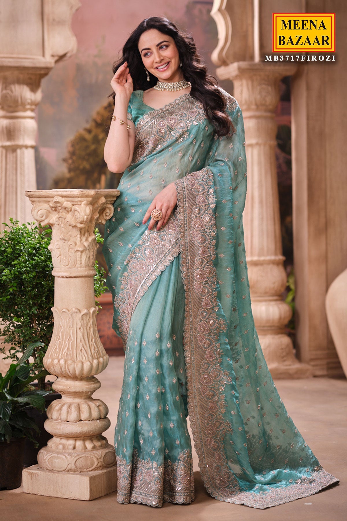 Firozi Shimmer Saree Elegant Party & Festive Wear