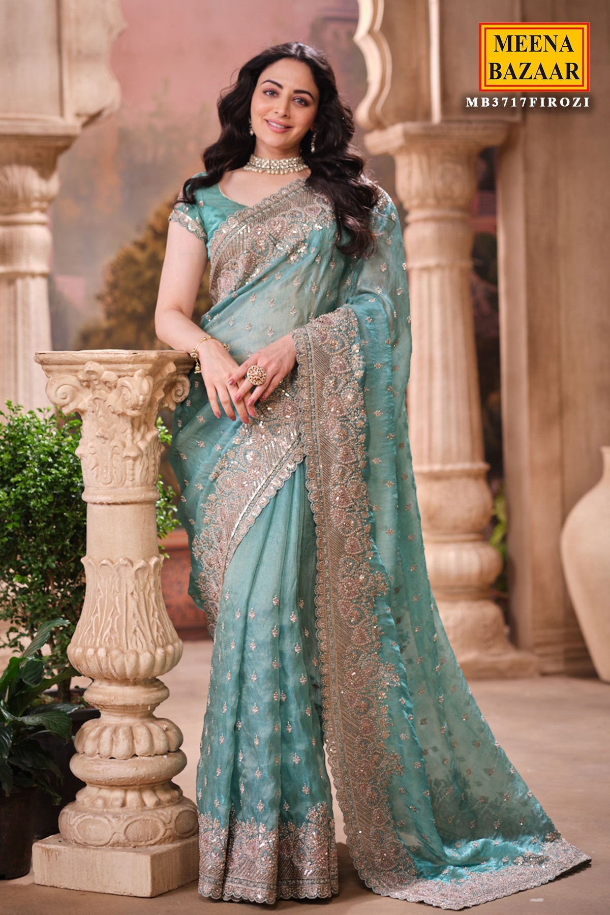 Firozi Shimmer Saree Elegant Party & Festive Wear