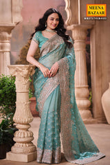 Firozi Shimmer Saree Elegant Party & Festive Wear