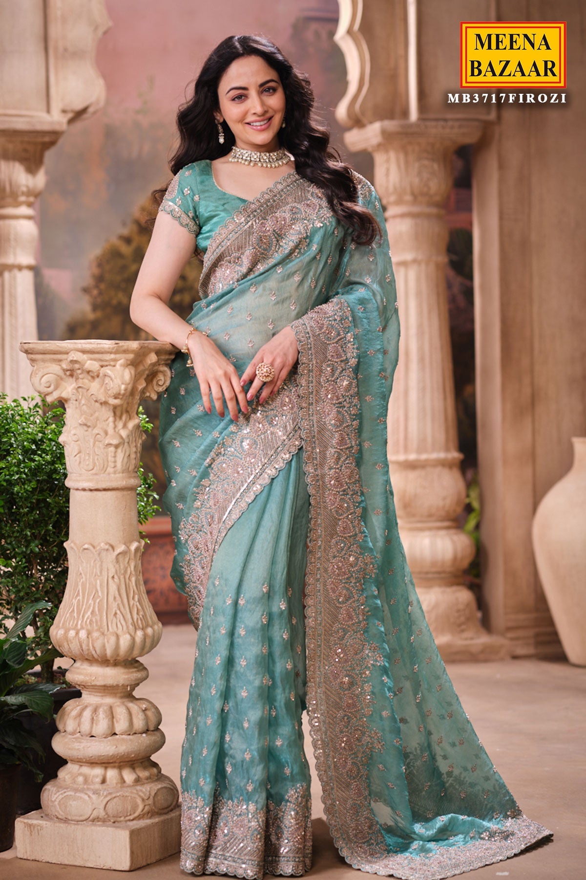 Firozi Shimmer Saree Elegant Party & Festive Wear