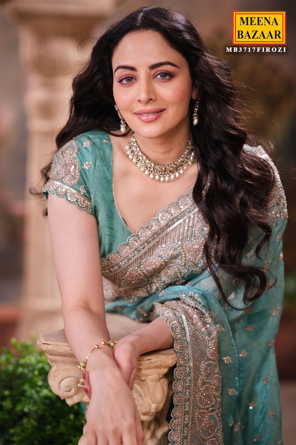Firozi Shimmer Saree Elegant Party & Festive Wear