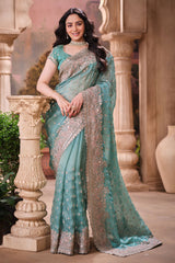 Firozi Shimmer Saree Elegant Party & Festive Wear