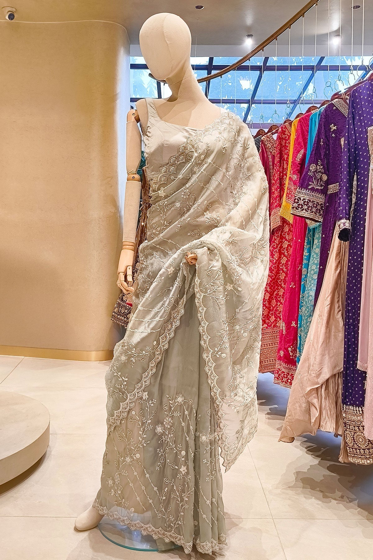 Sea Green Tissue Embroidered Saree