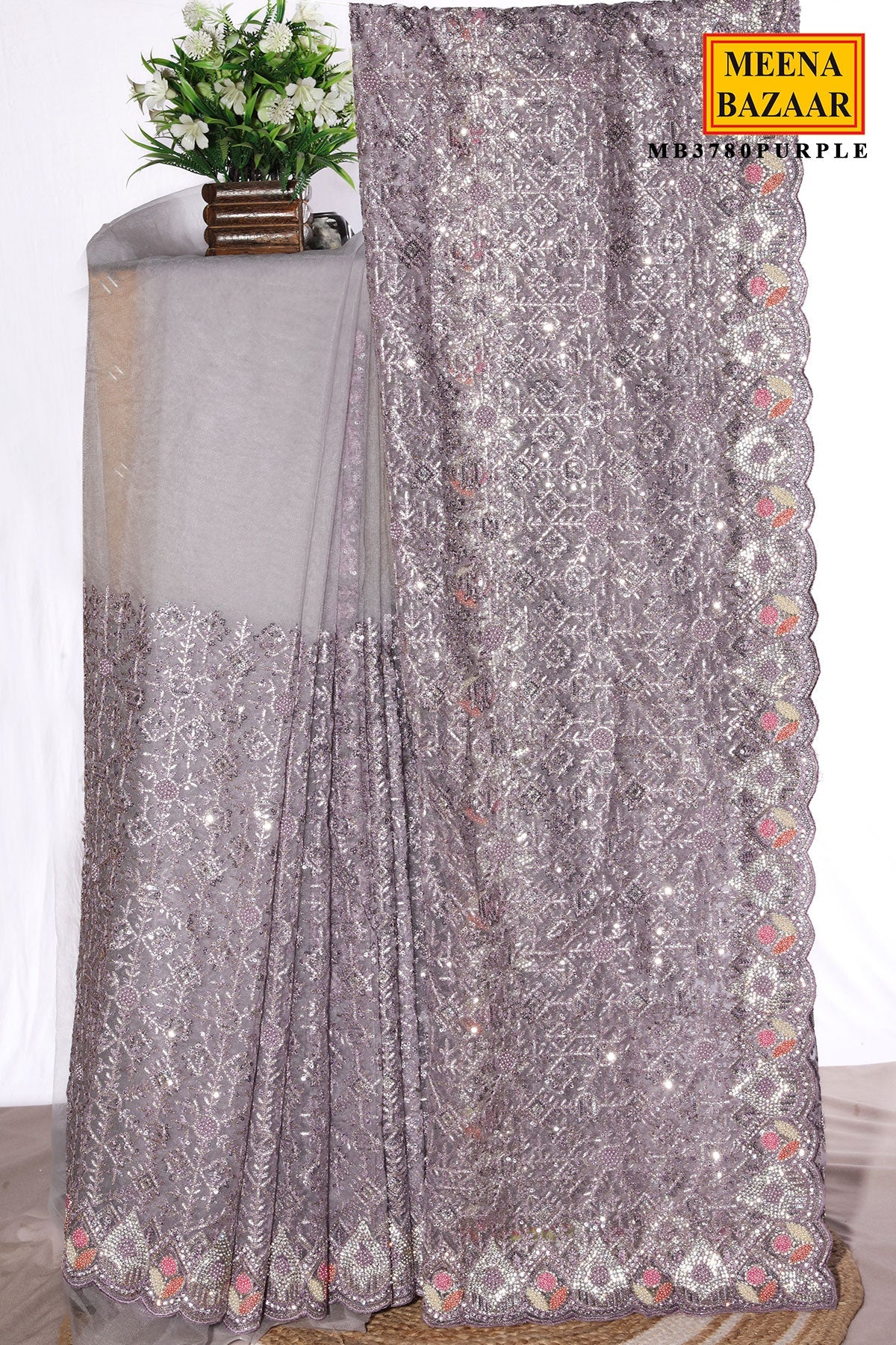 Purple Resham Jaal Net Saree