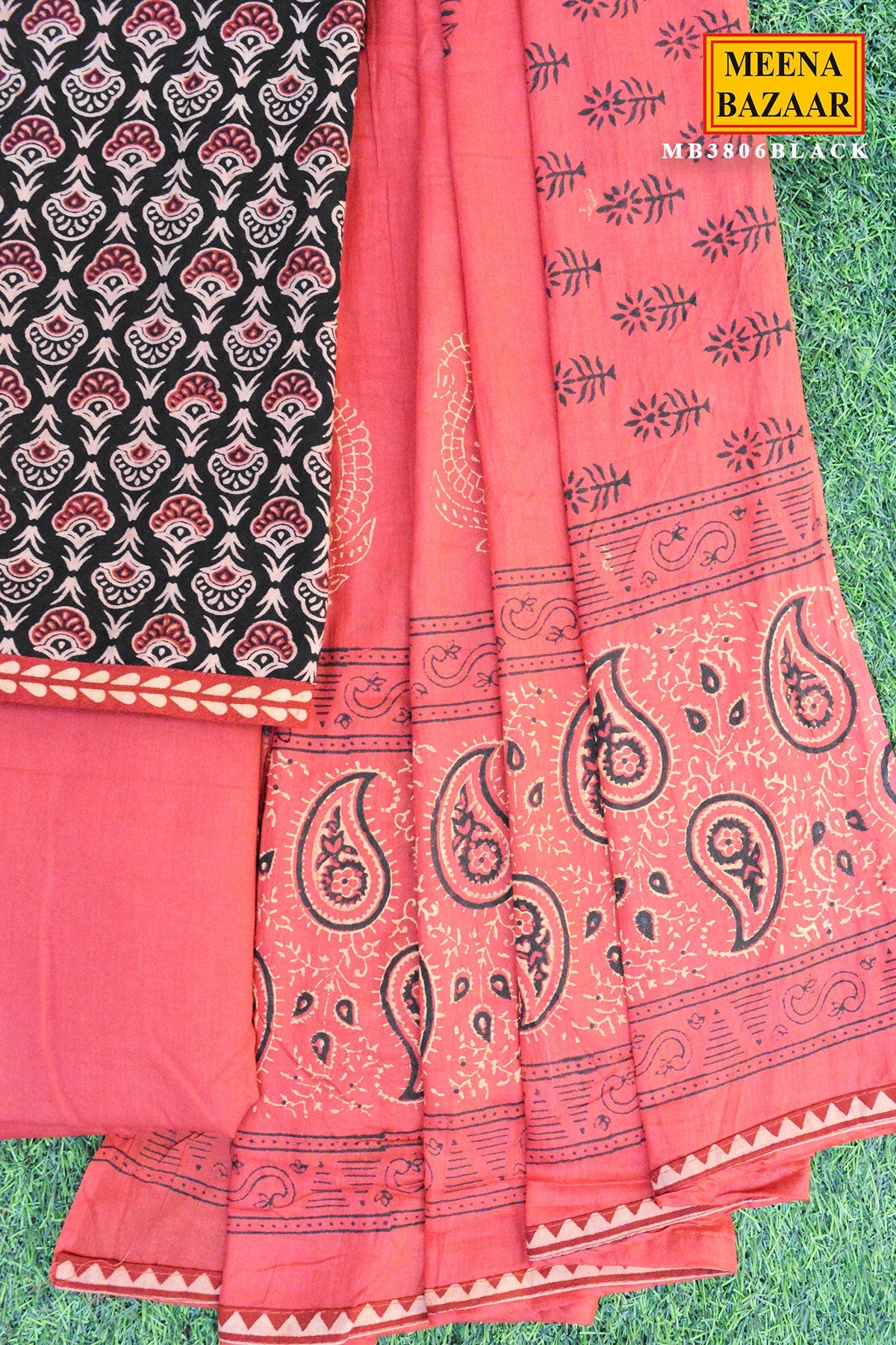 Black Cotton Printed Unstitched Suit Set with Dupatta