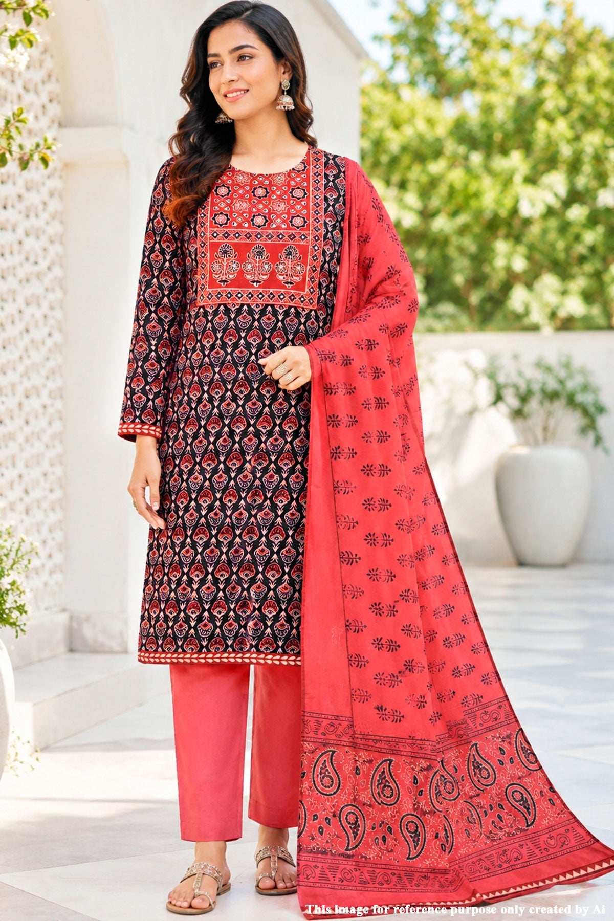 Black Cotton Printed Unstitched Suit Set with Dupatta