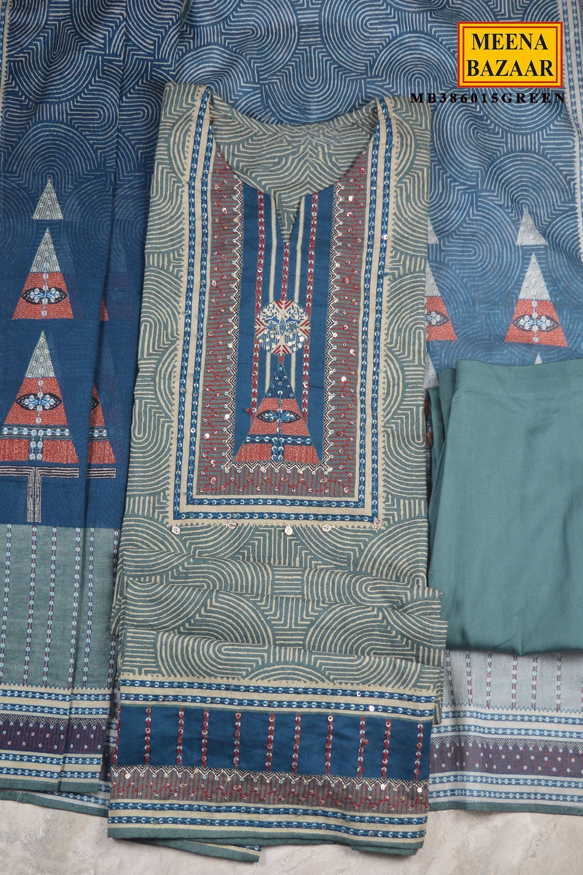 Green Printed Cotton Suit Set with Statement Dupatta