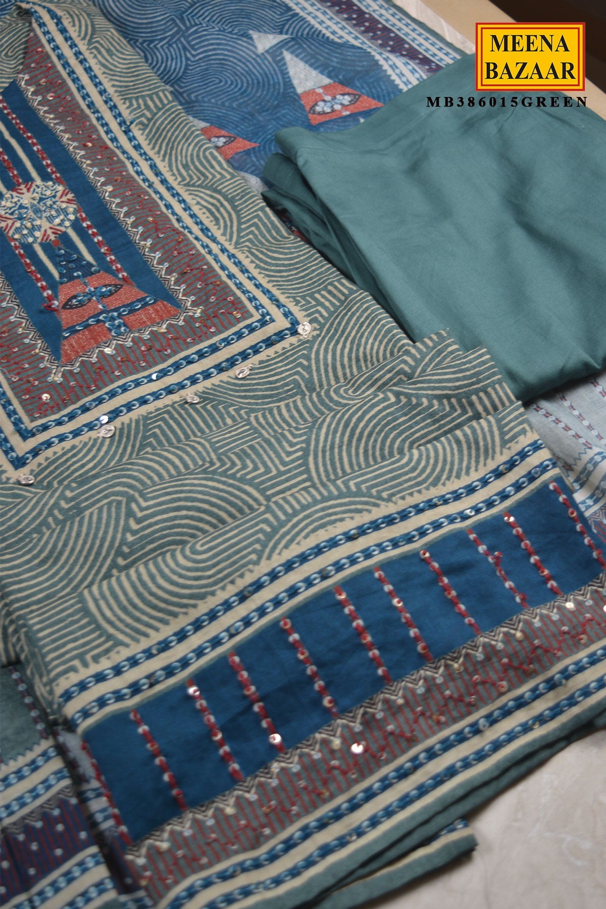 Green Printed Ready Made Suit Set with Dupatta