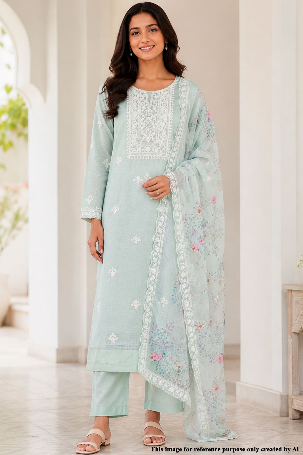Sea Green Cotton Embroidered Unstitched Suit Set