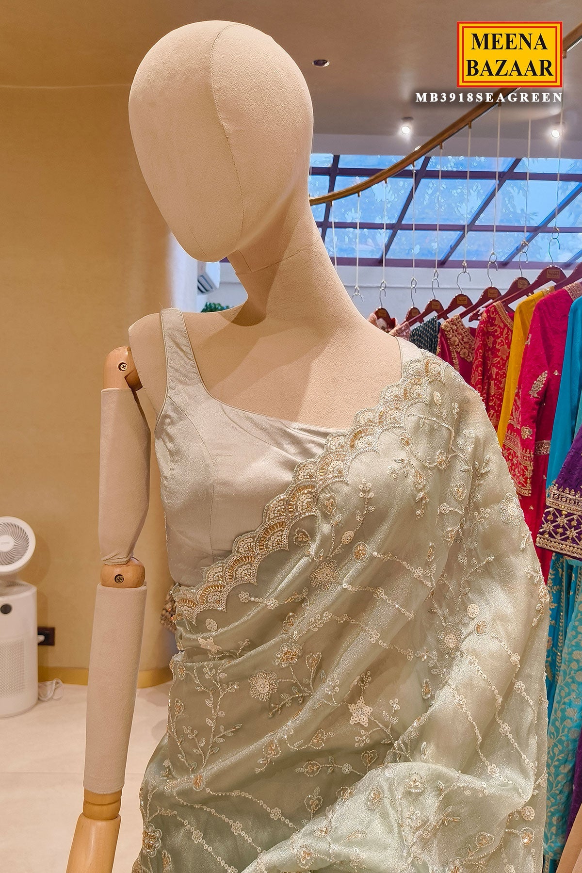 Sea Green Tissue Embroidered Saree
