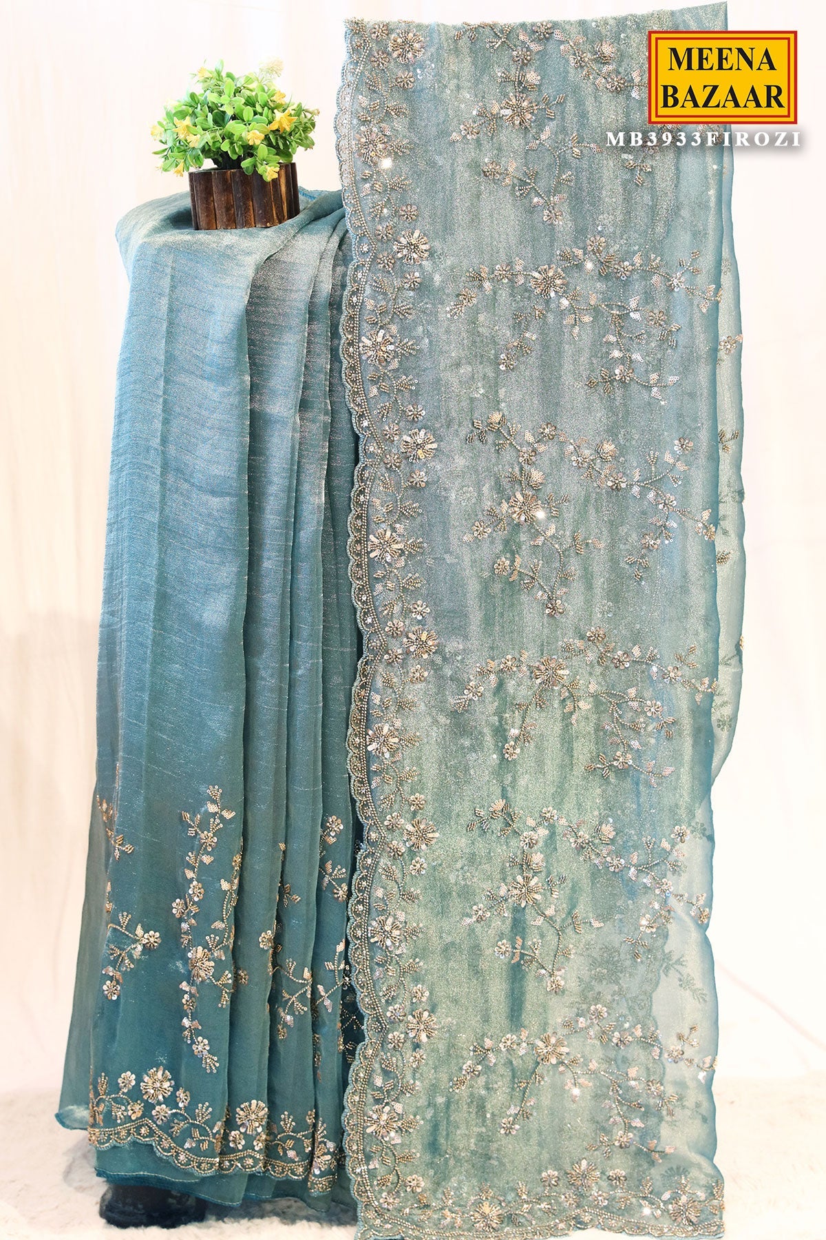 Firozi Tissue Sequined Jal Saree