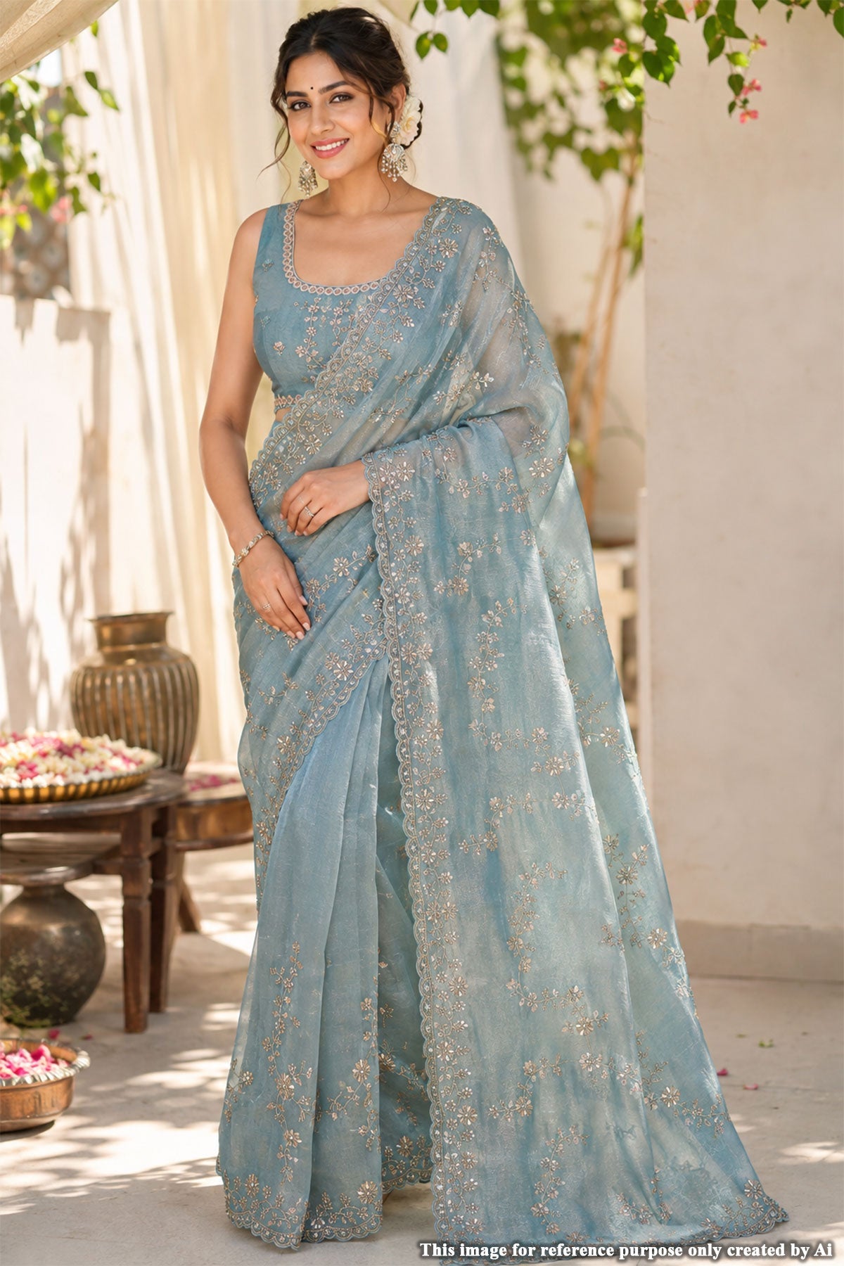 Firozi Tissue Sequined Jal Saree