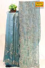 Firozi Tissue Sequined Jal Saree
