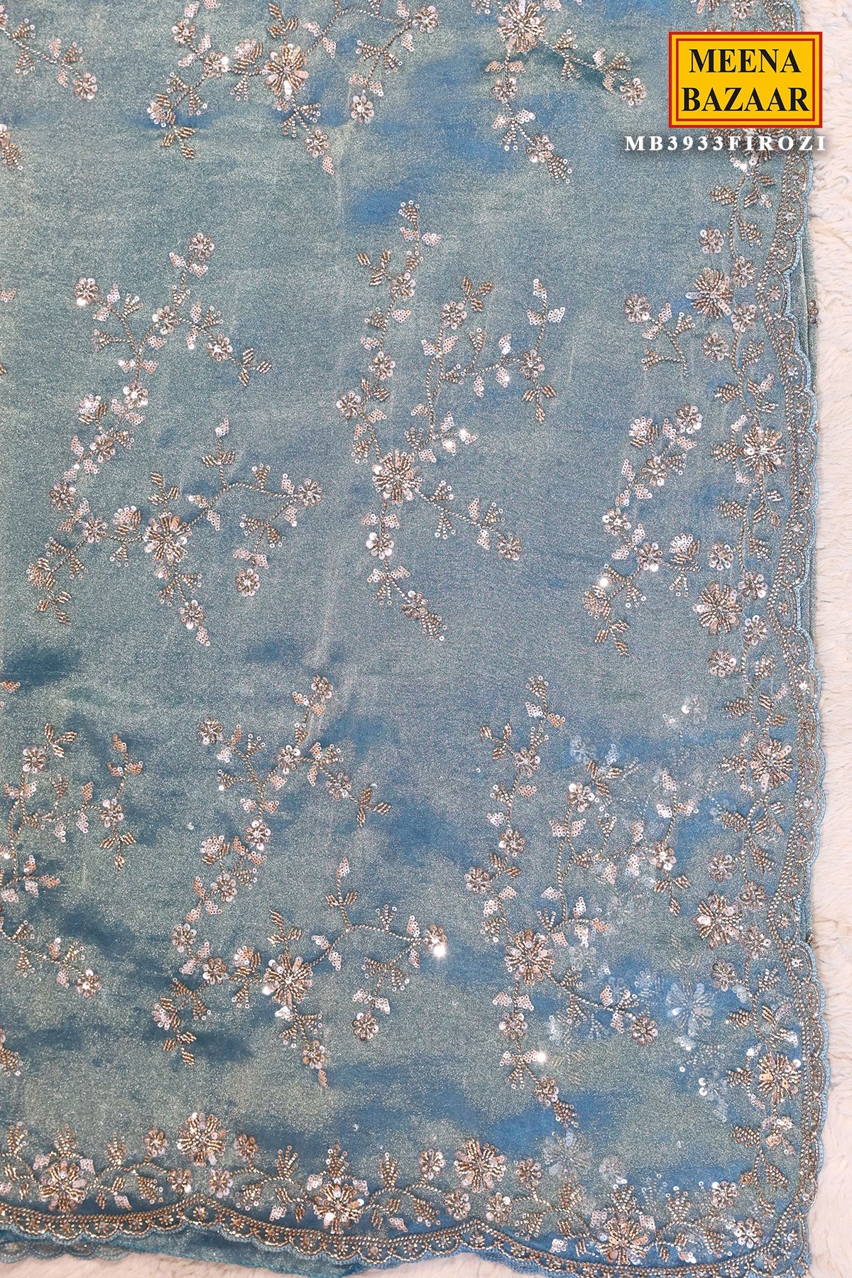 Firozi Tissue Sequined Jal Saree