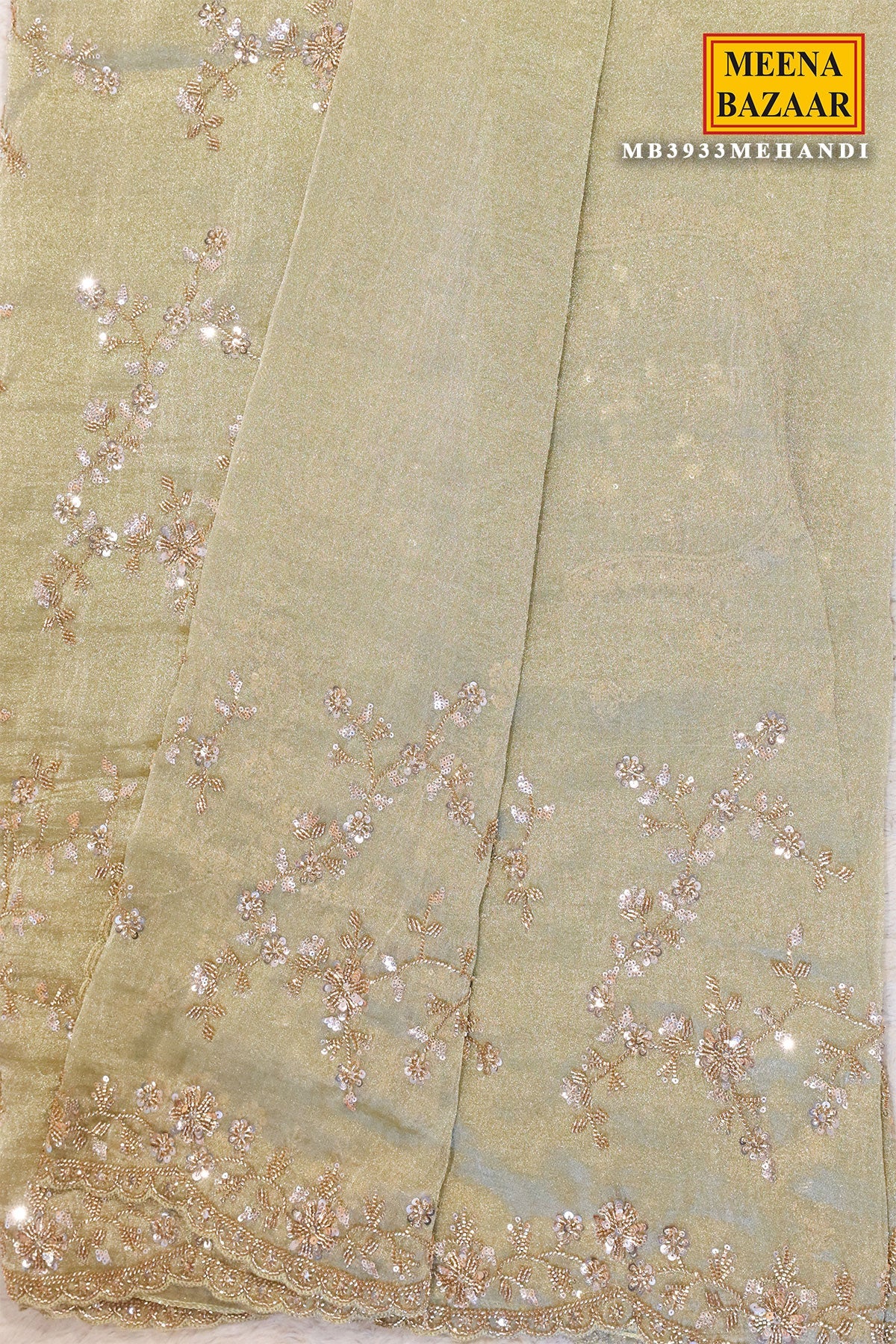 Mehandi Tissue Sequined Jal Saree
