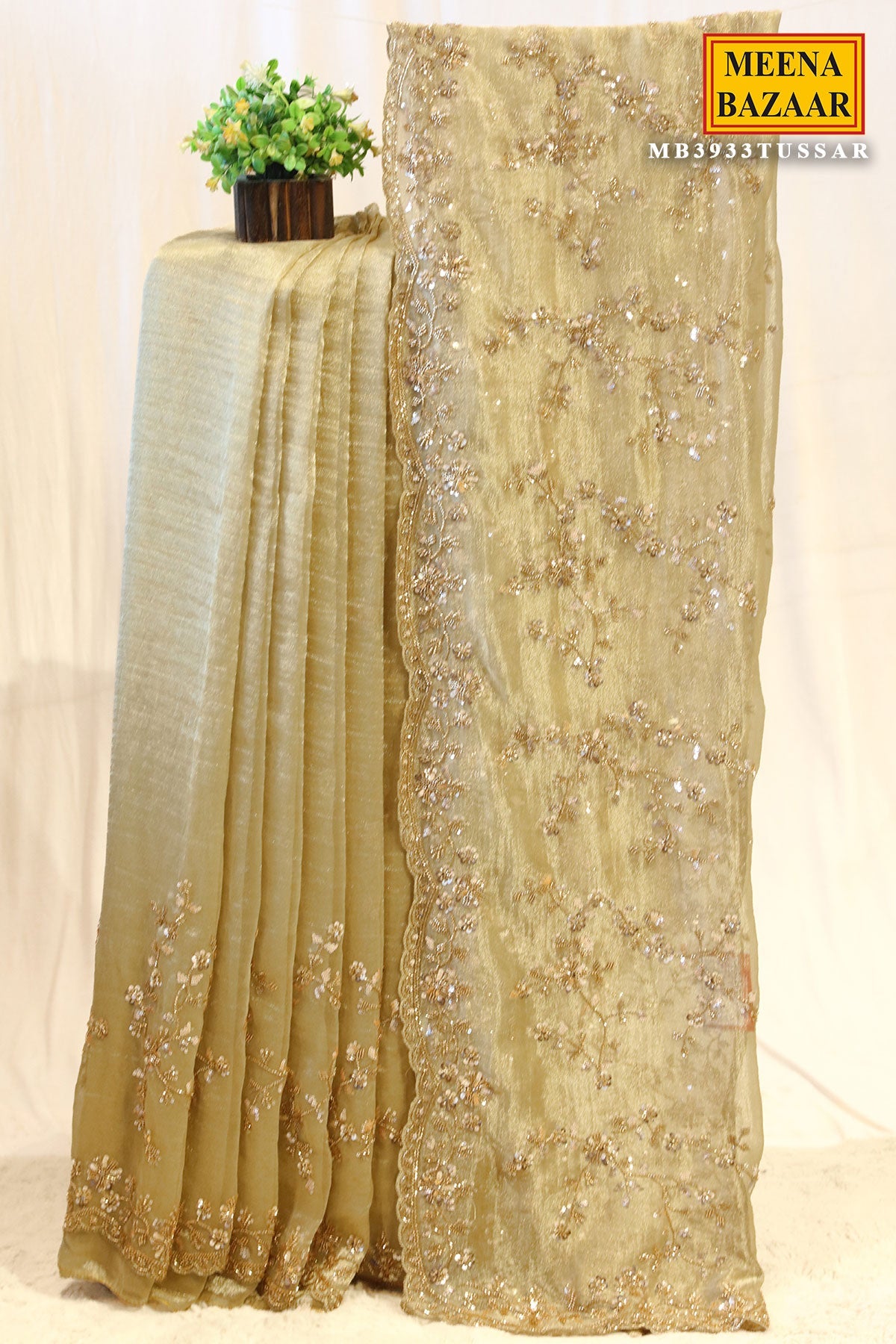 Tussar Tissue Sequined Jal Saree