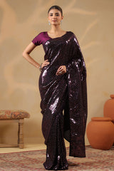 Wine Georgette Embroidered Saree Elegant Party & Festive Wear