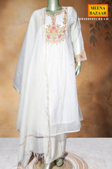 Cream Cotton Ready-Made Suit with Elegant Neck Embroidery