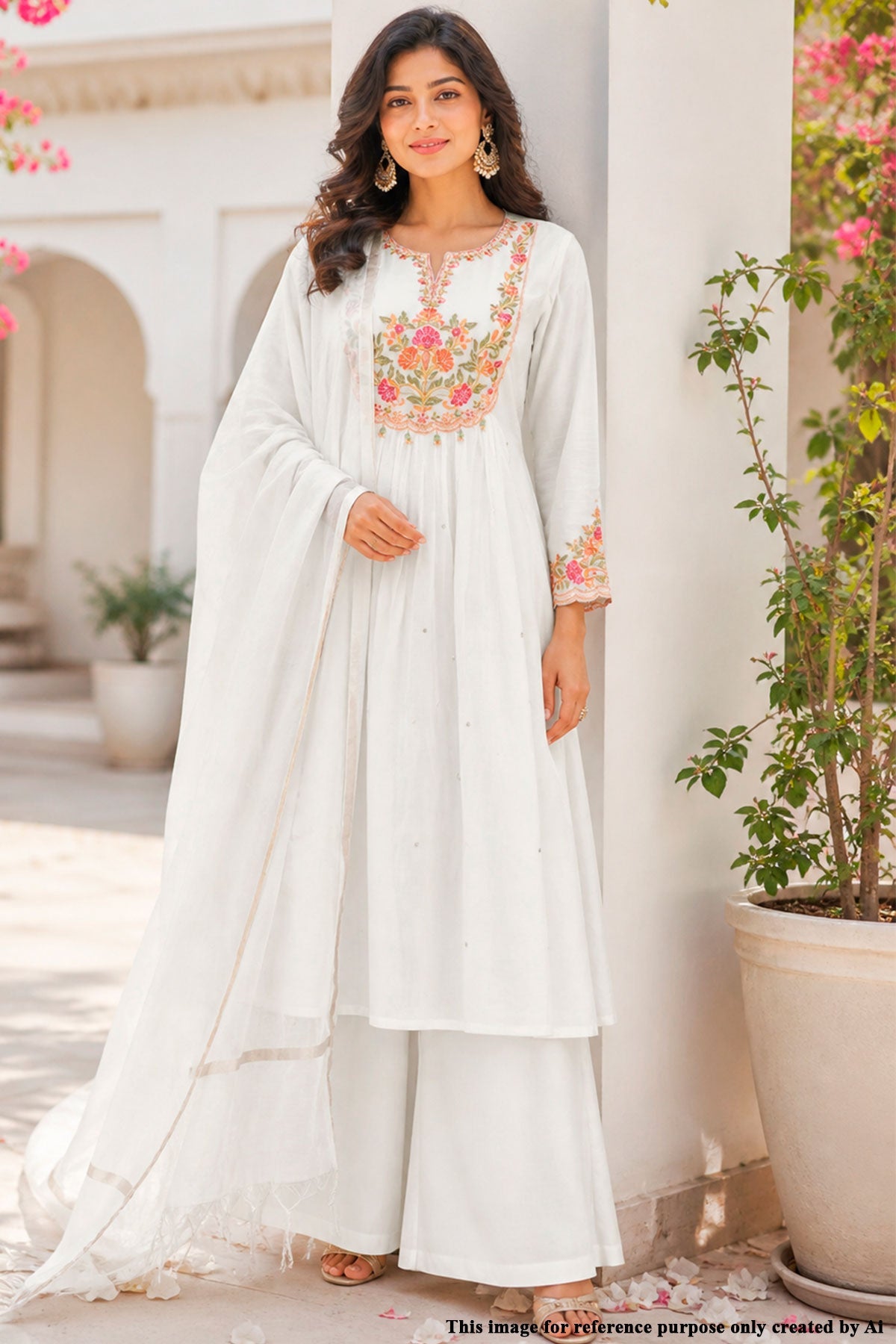 Cream Cotton Ready-Made Suit with Elegant Neck Embroidery