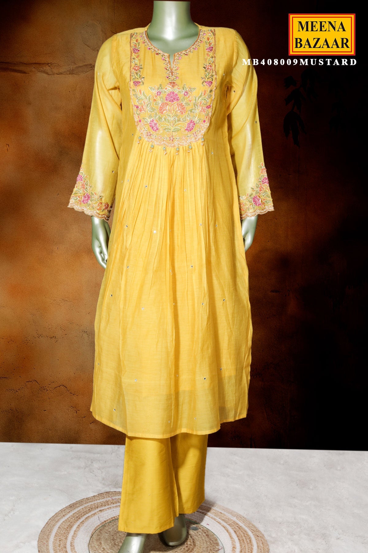 Mustard Cotton Ready-Made Suit with Elegant Neck Embroidery