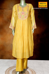 Mustard Cotton Ready-Made Suit with Elegant Neck Embroidery