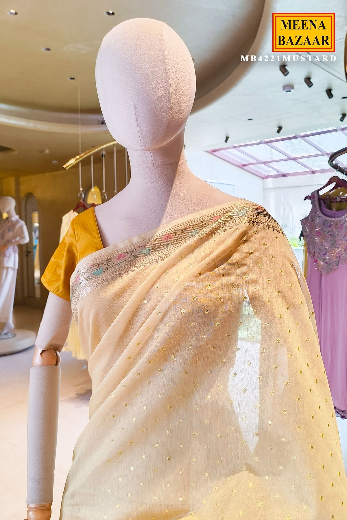 Mustard Cotton Saree with Intricate Mirror Work for Festive & Ethnic Wear