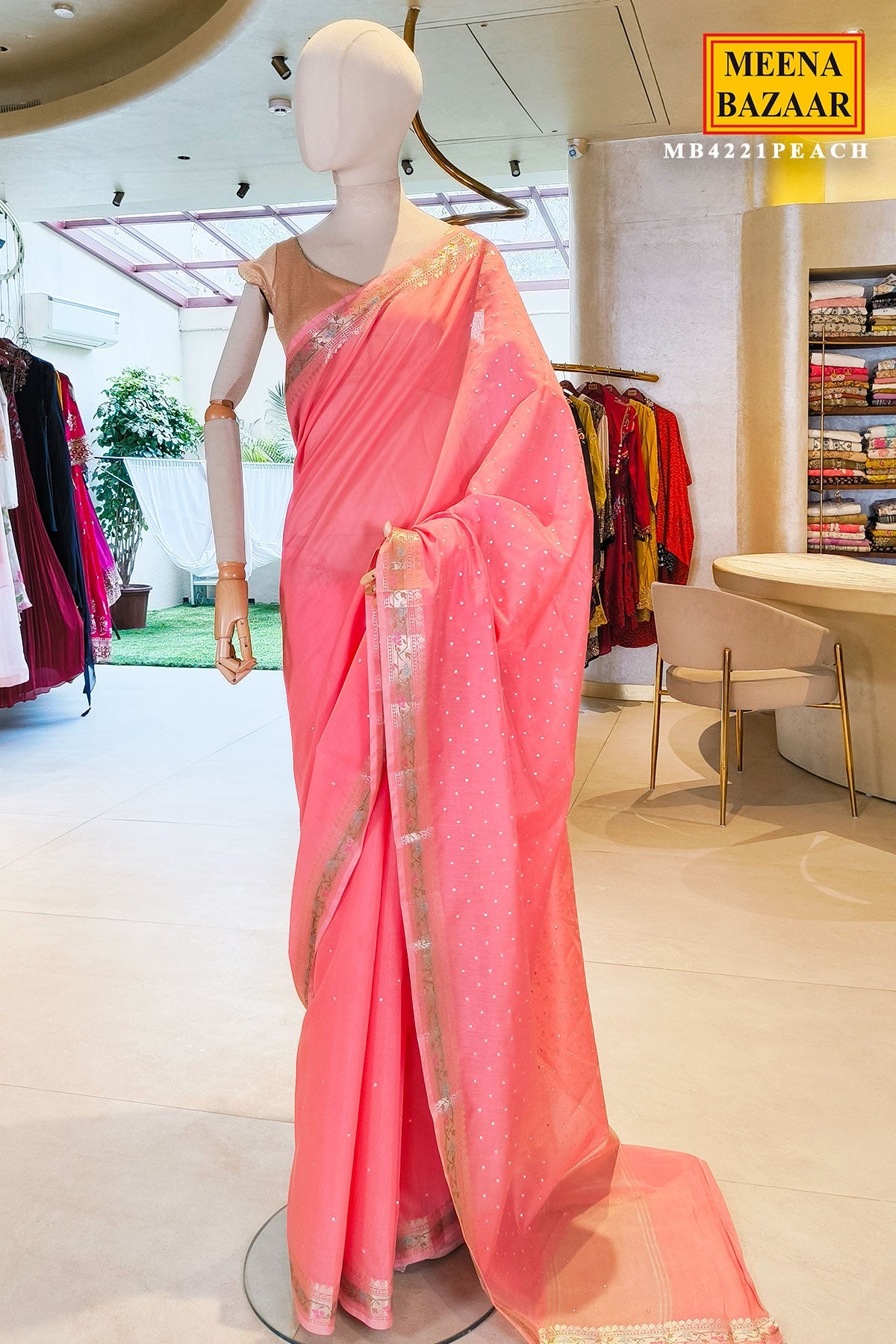 Peach Cotton Saree with Elegant Mirror Work for Women - Festive & Ethnic Wear