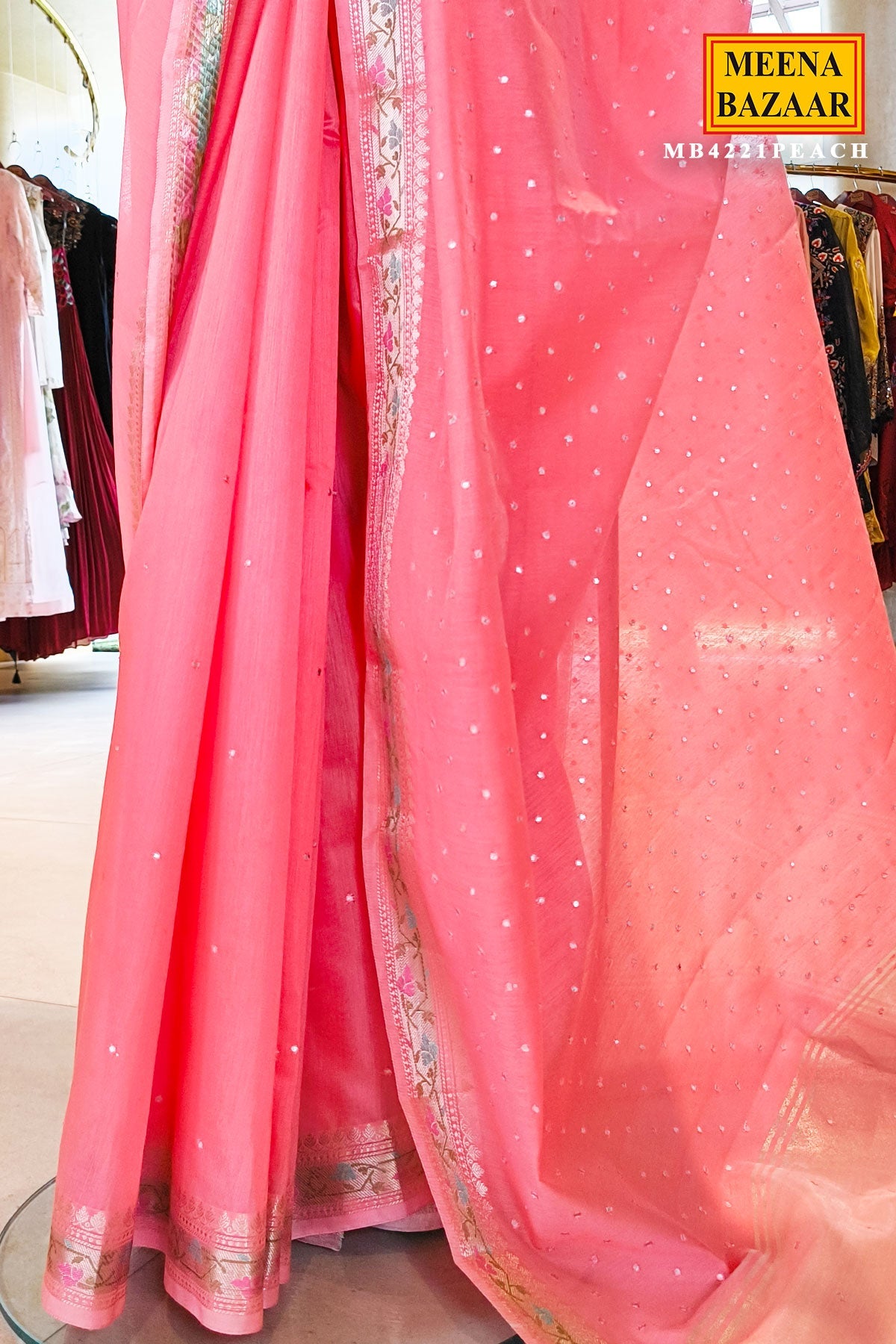 Peach Cotton Saree with Elegant Mirror Work for Women - Festive & Ethnic Wear