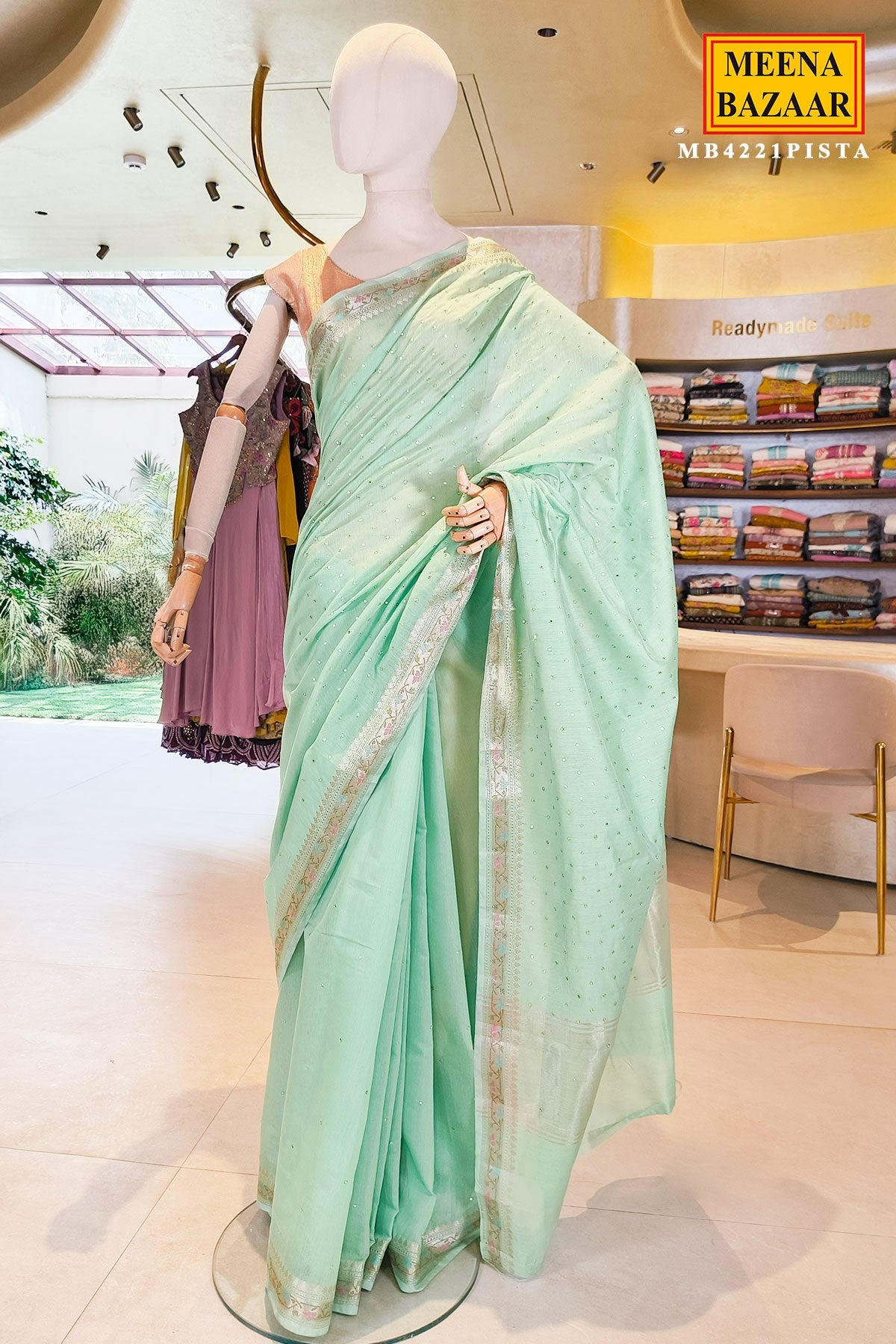 Pista Cotton Saree with Elegant Mirror Work for Festive & Ethnic Wear
