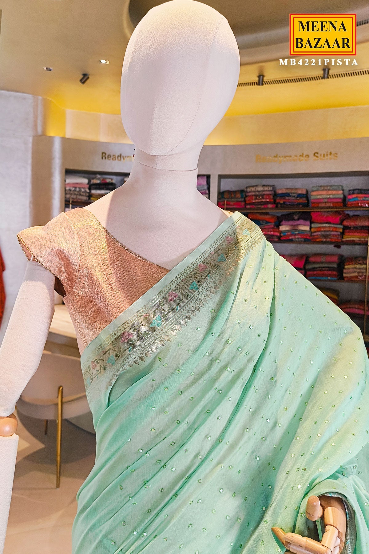 Pista Cotton Saree with Elegant Mirror Work for Festive & Ethnic Wear
