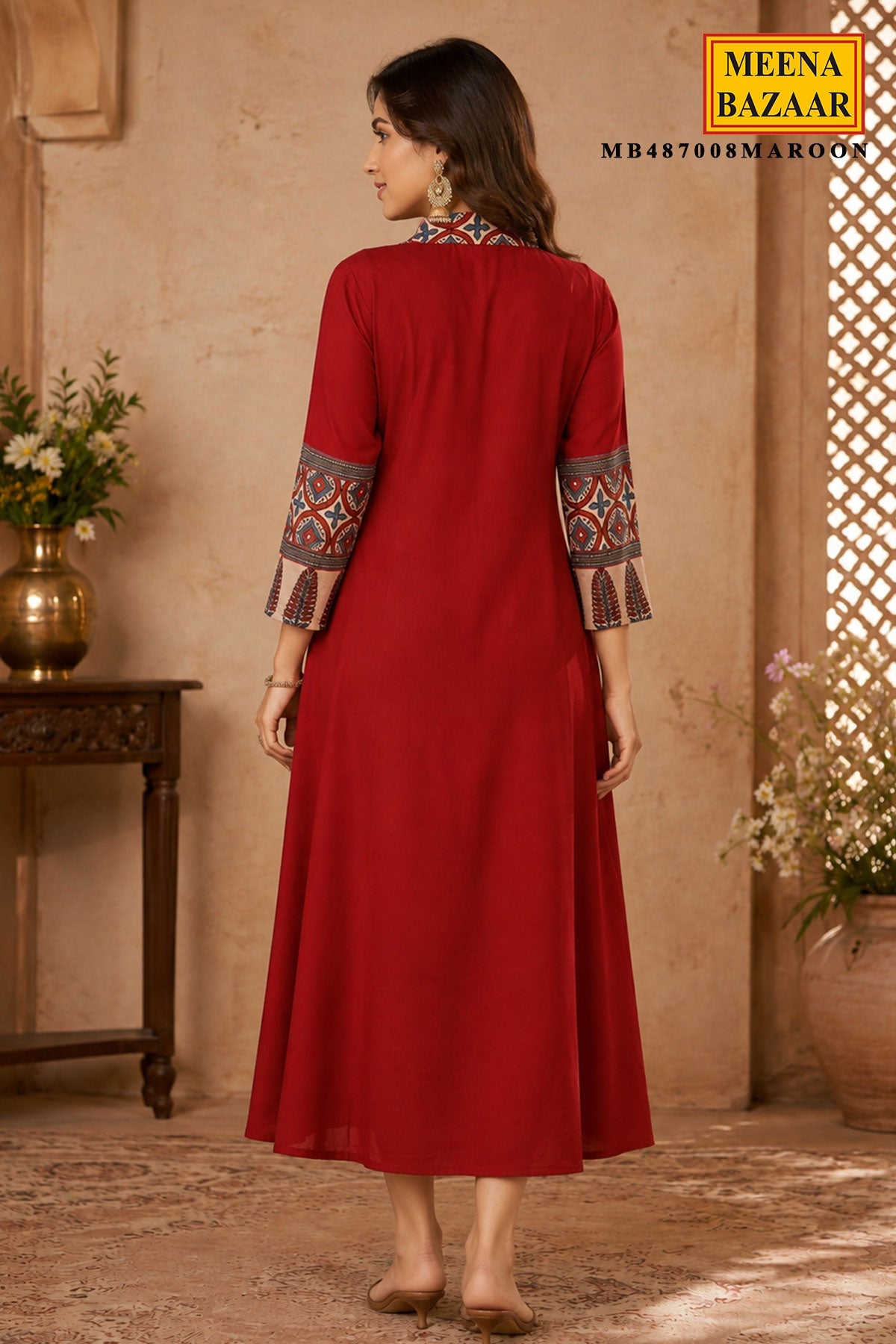 Maroon Cotton Kurti with Neck Embroidery