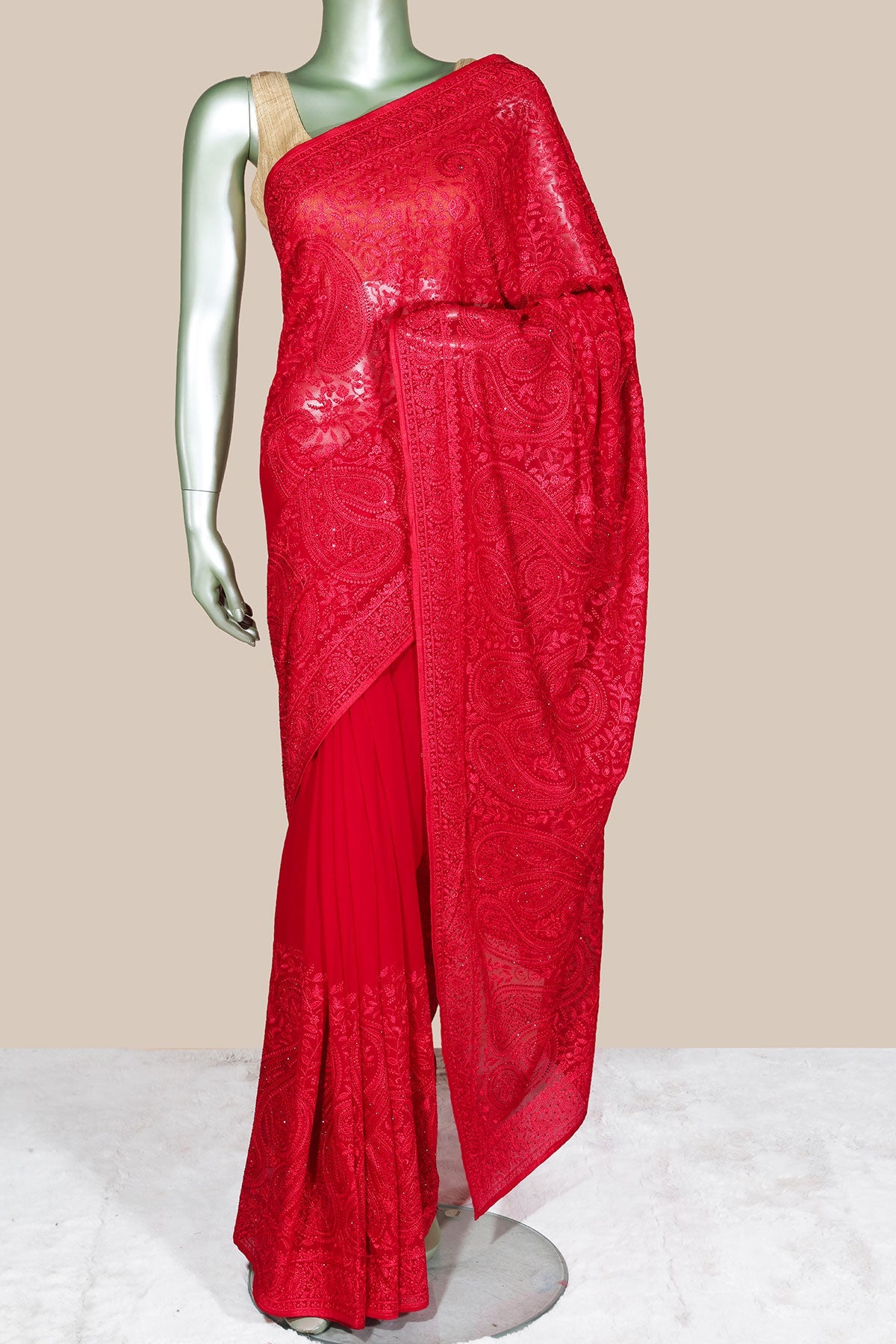 Red Embroidered Georgette Saree Elegant Party & Festive Wear