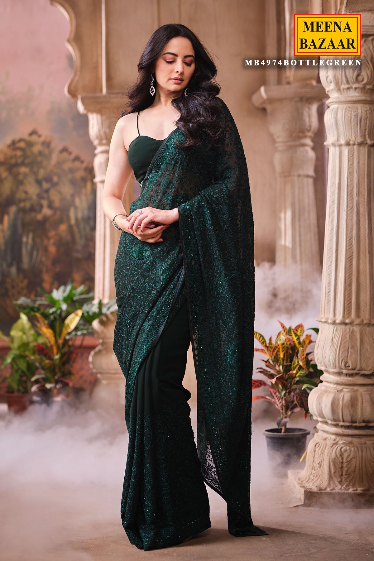 Bottle Green Embroidered Georgette Saree Designer Party Wear Saree