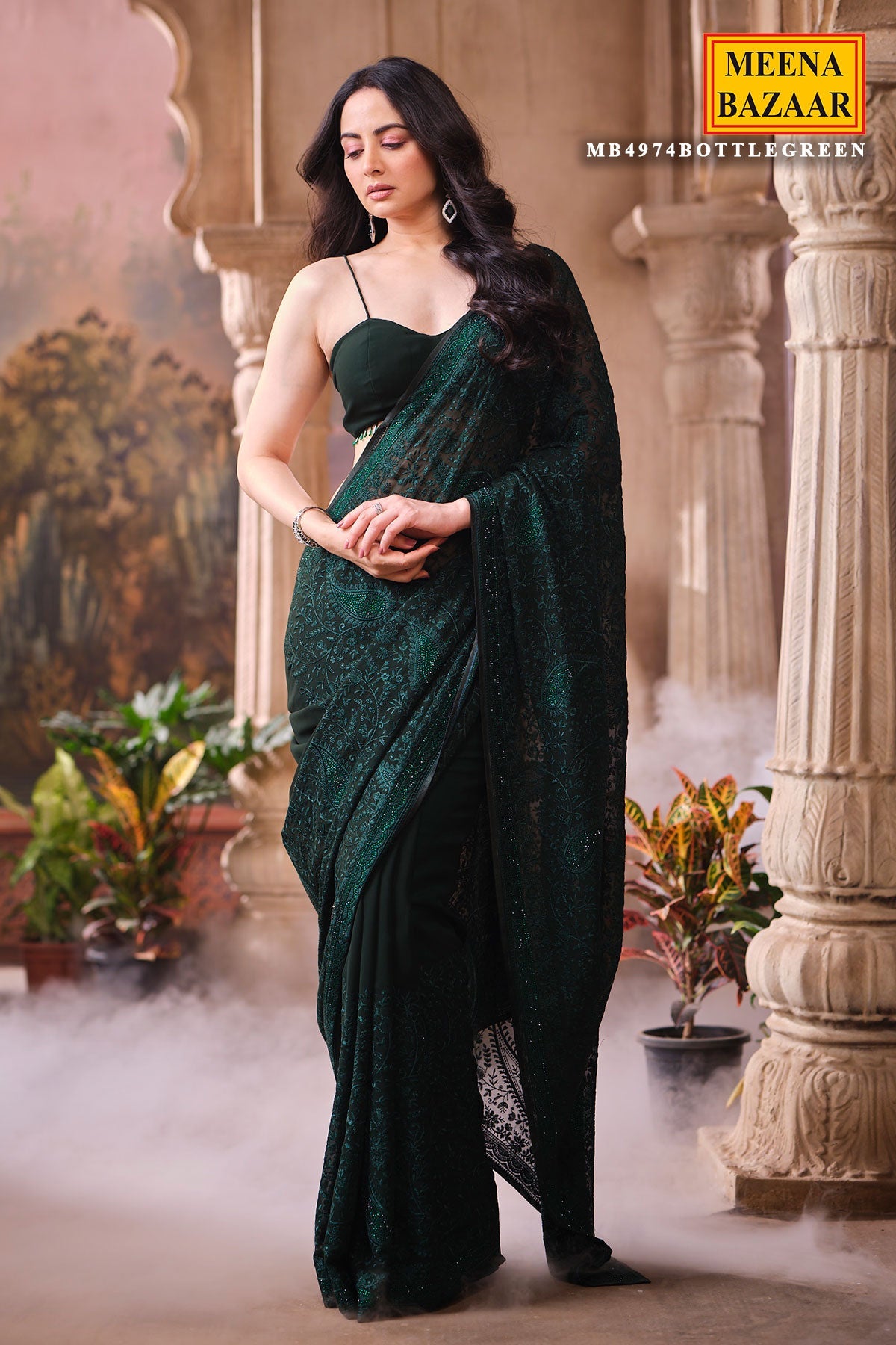 Bottle Green Embroidered Georgette Saree Designer Party Wear Saree