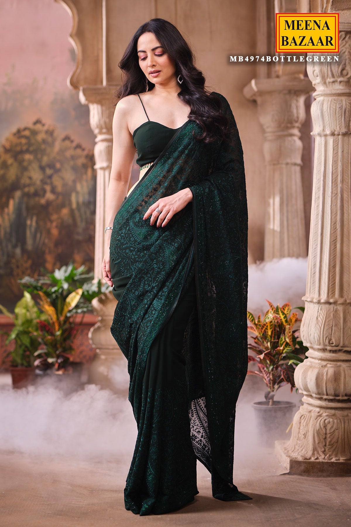 Bottle Green Embroidered Georgette Saree Designer Party Wear Saree