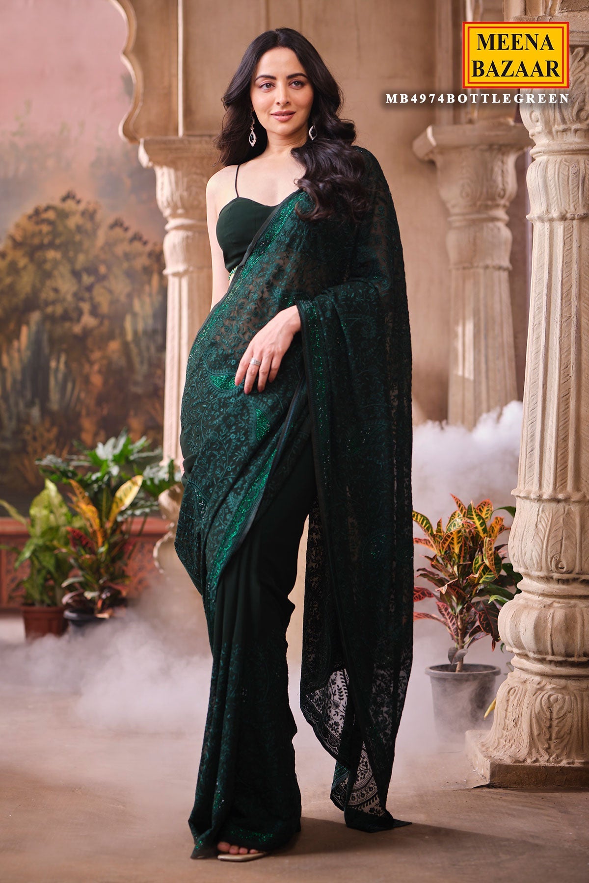 Bottle Green Embroidered Georgette Saree Designer Party Wear Saree
