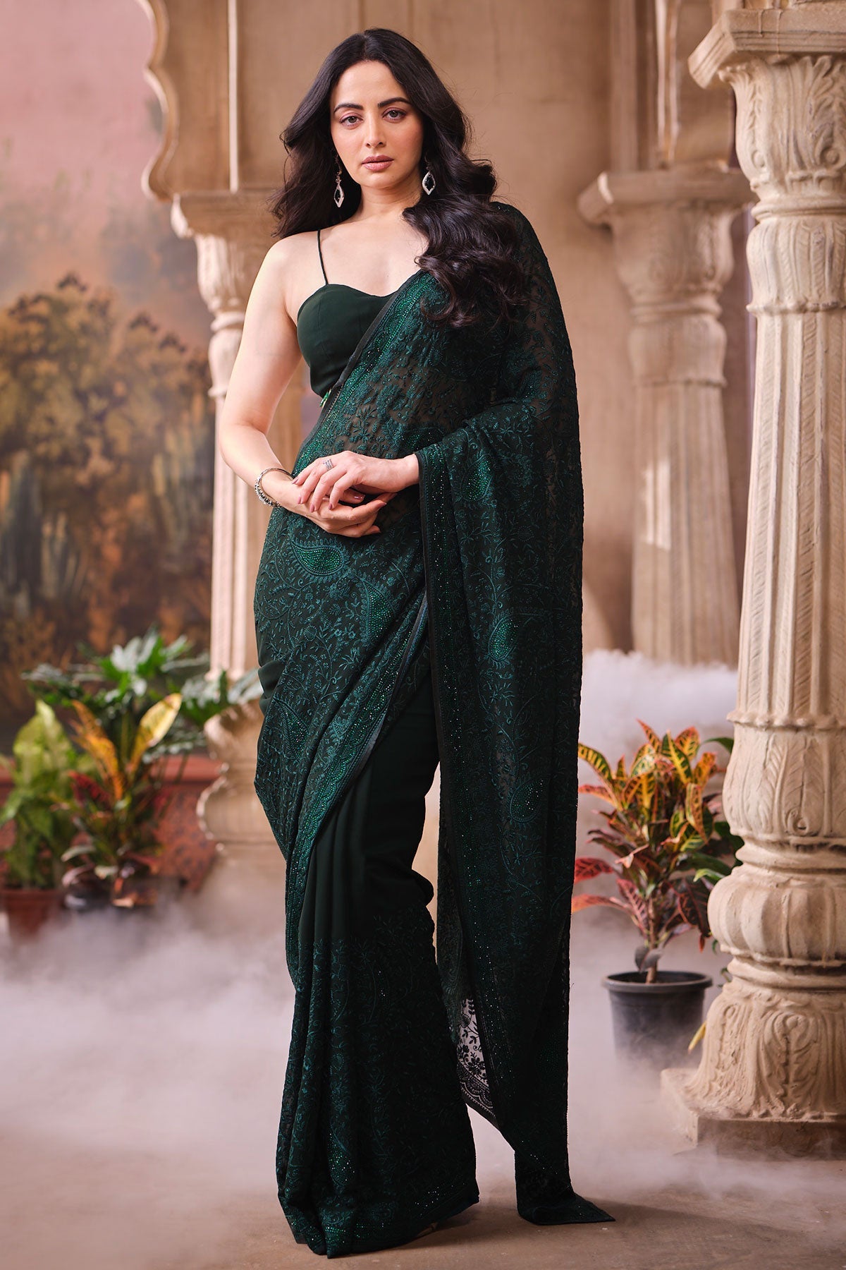 Bottle Green Embroidered Georgette Saree Designer Party Wear Saree