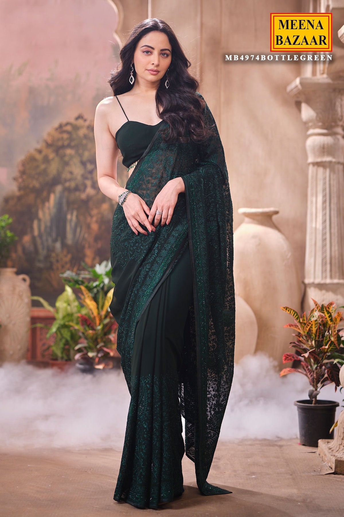 Bottle Green Embroidered Georgette Saree Designer Party Wear Saree