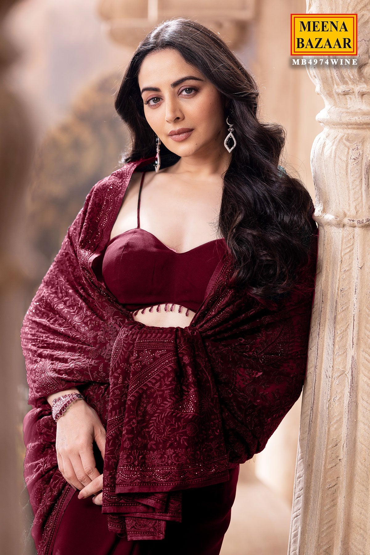 Wine Georgette Embroidered Saree
