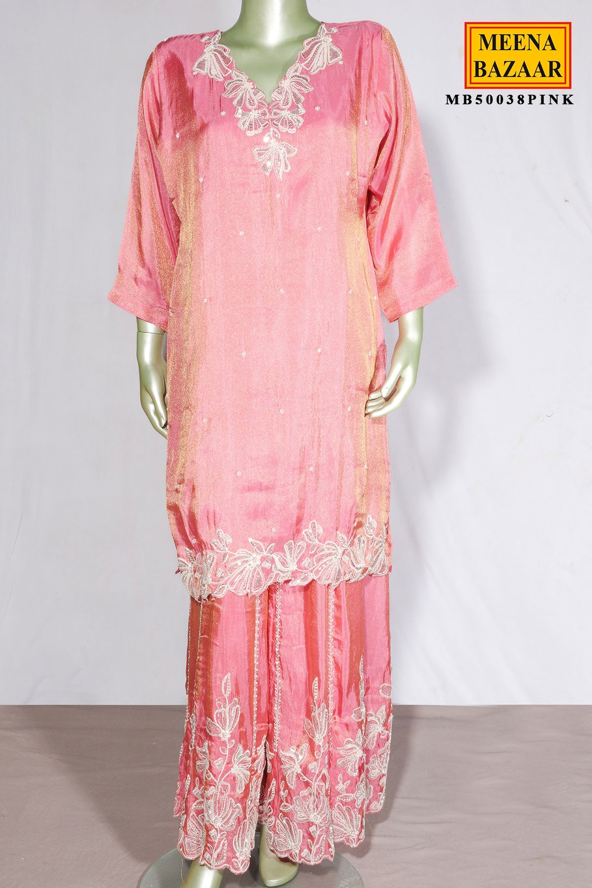 Pink Shimmer Embroidered Straight Suit for Women