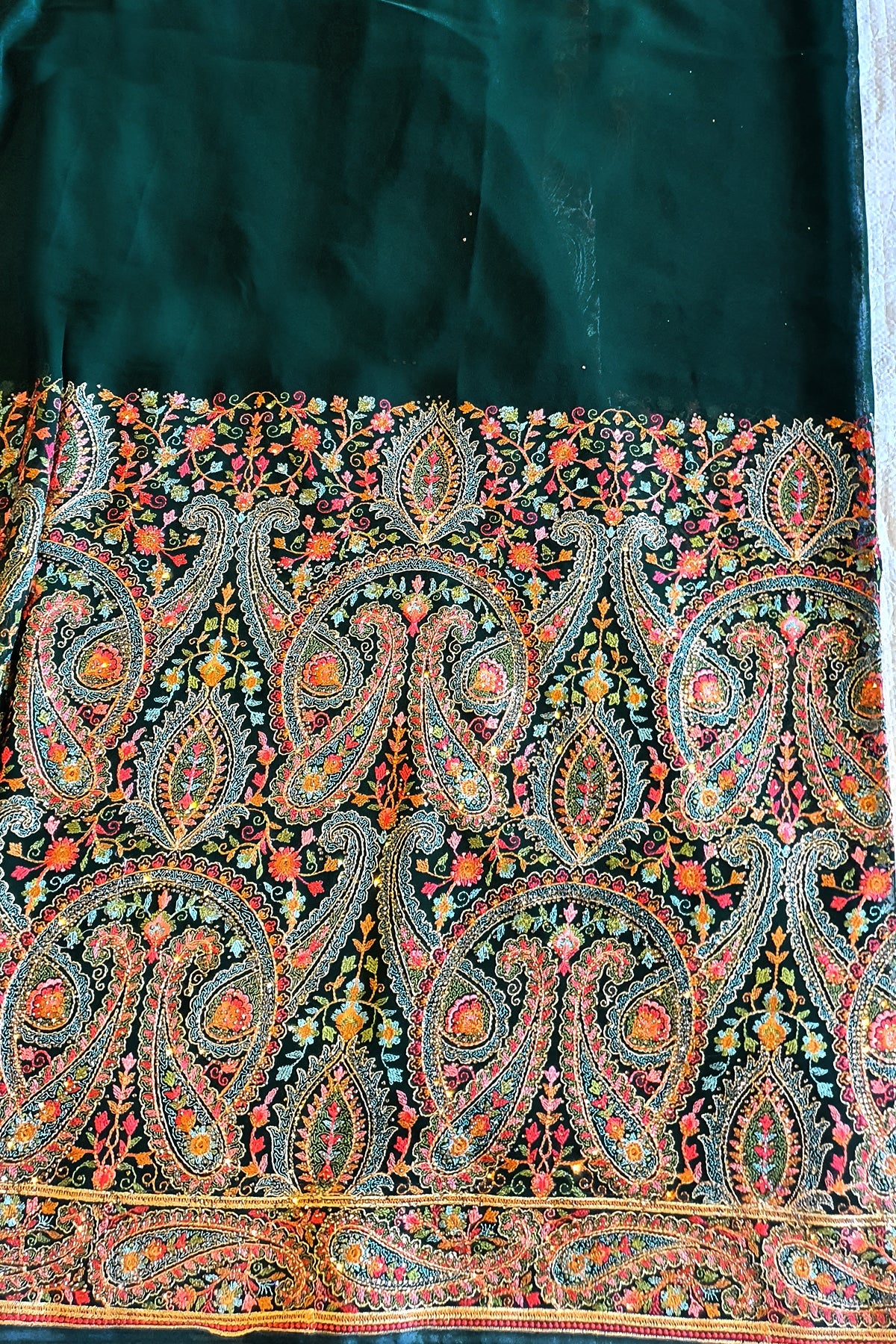 Bottle Green Georgette Colorful Thread Embroidered Saree