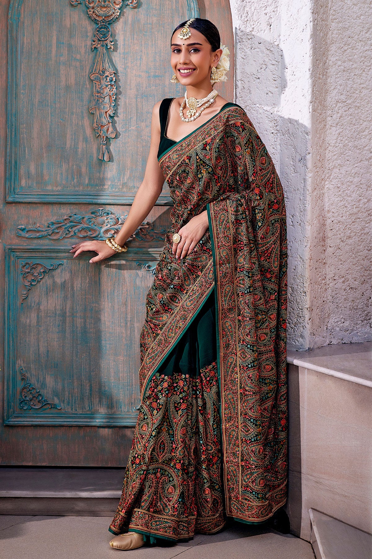 Bottle Green Georgette Colorful Thread Embroidered Saree