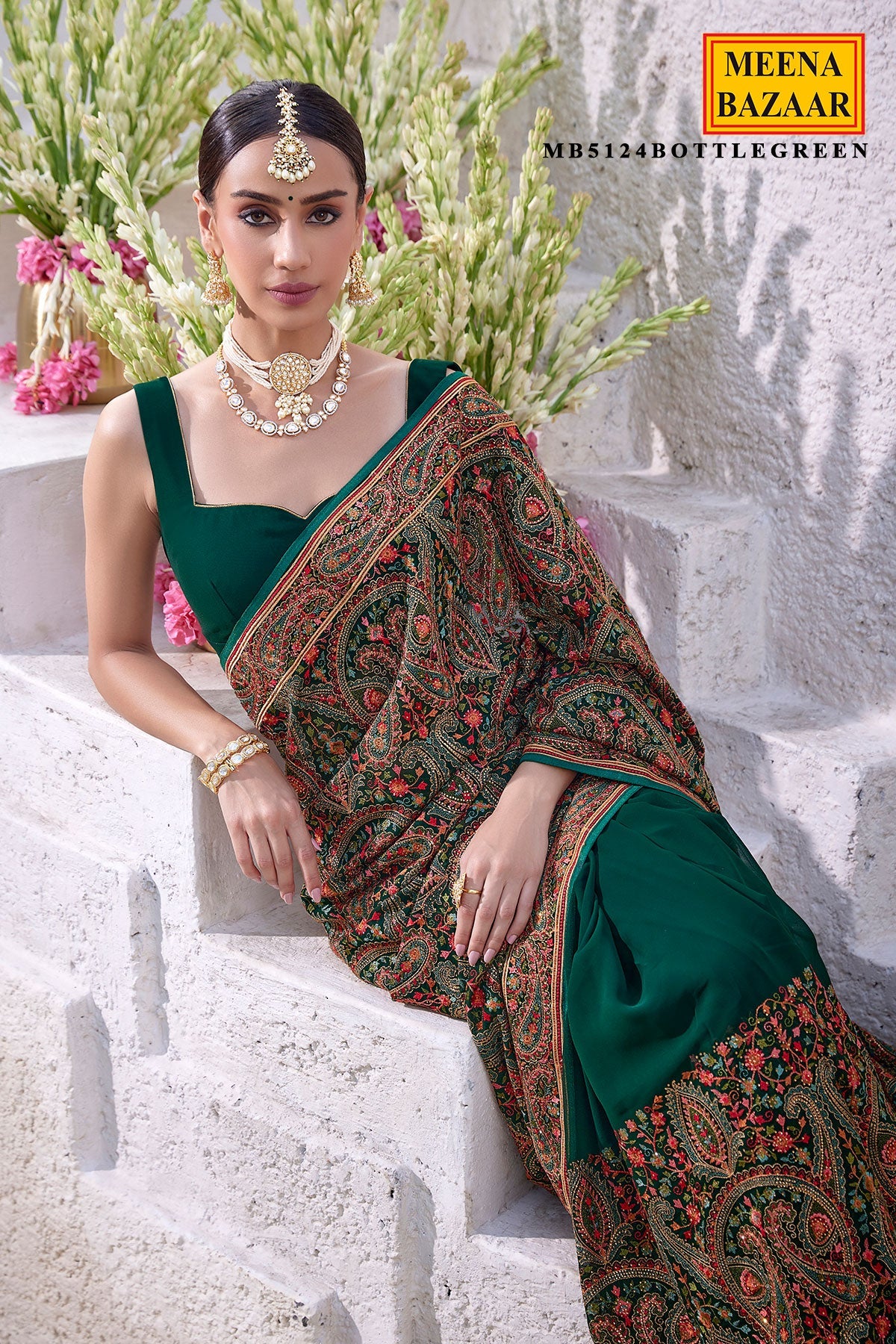 Bottle Green Georgette Colorful Thread Embroidered Saree