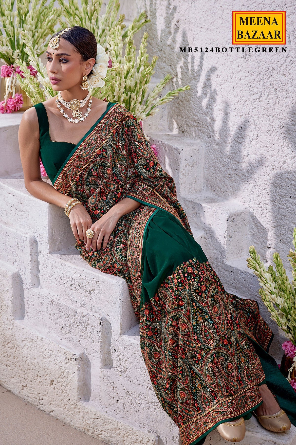 Bottle Green Georgette Colorful Thread Embroidered Saree
