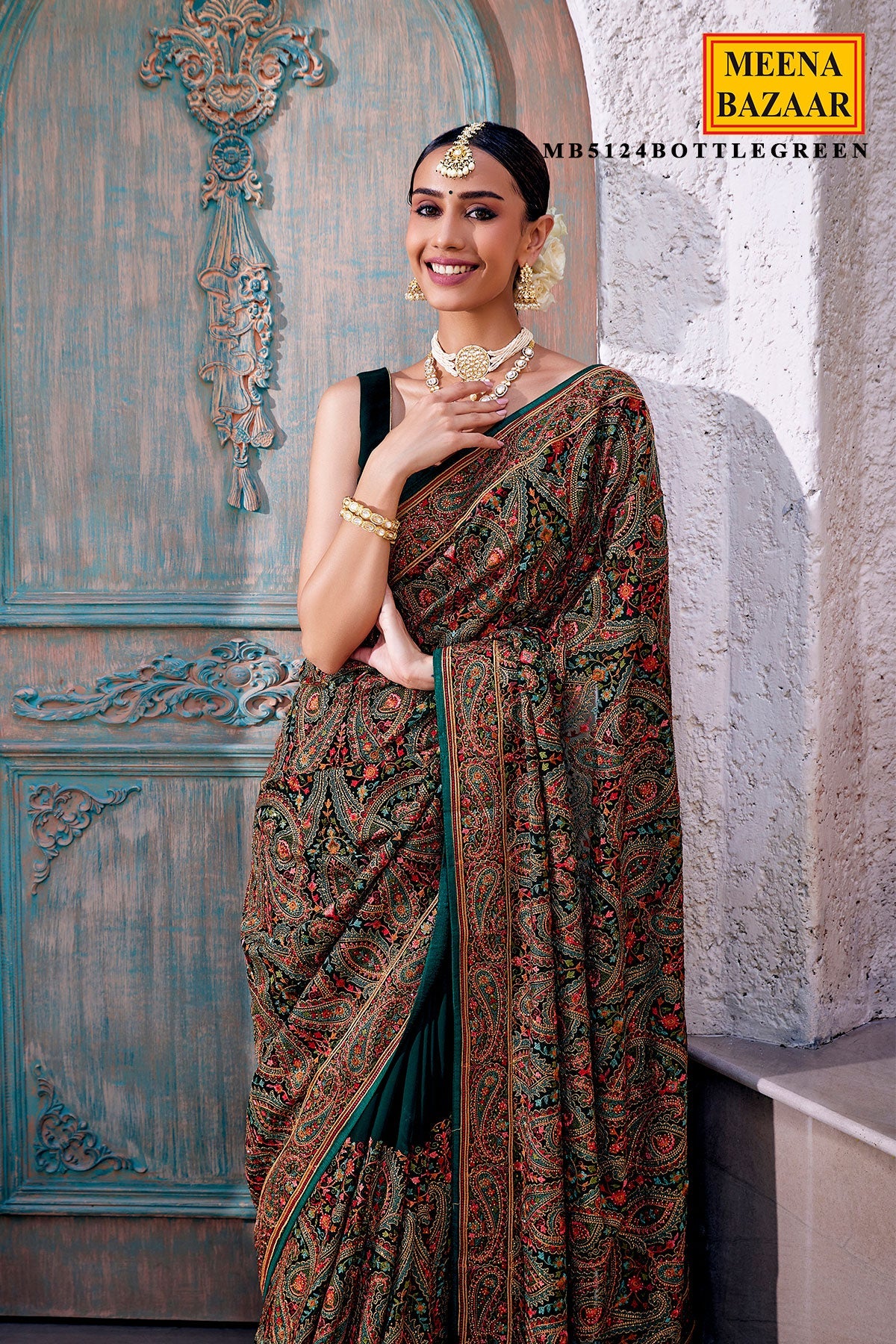 Bottle Green Georgette Colorful Thread Embroidered Saree