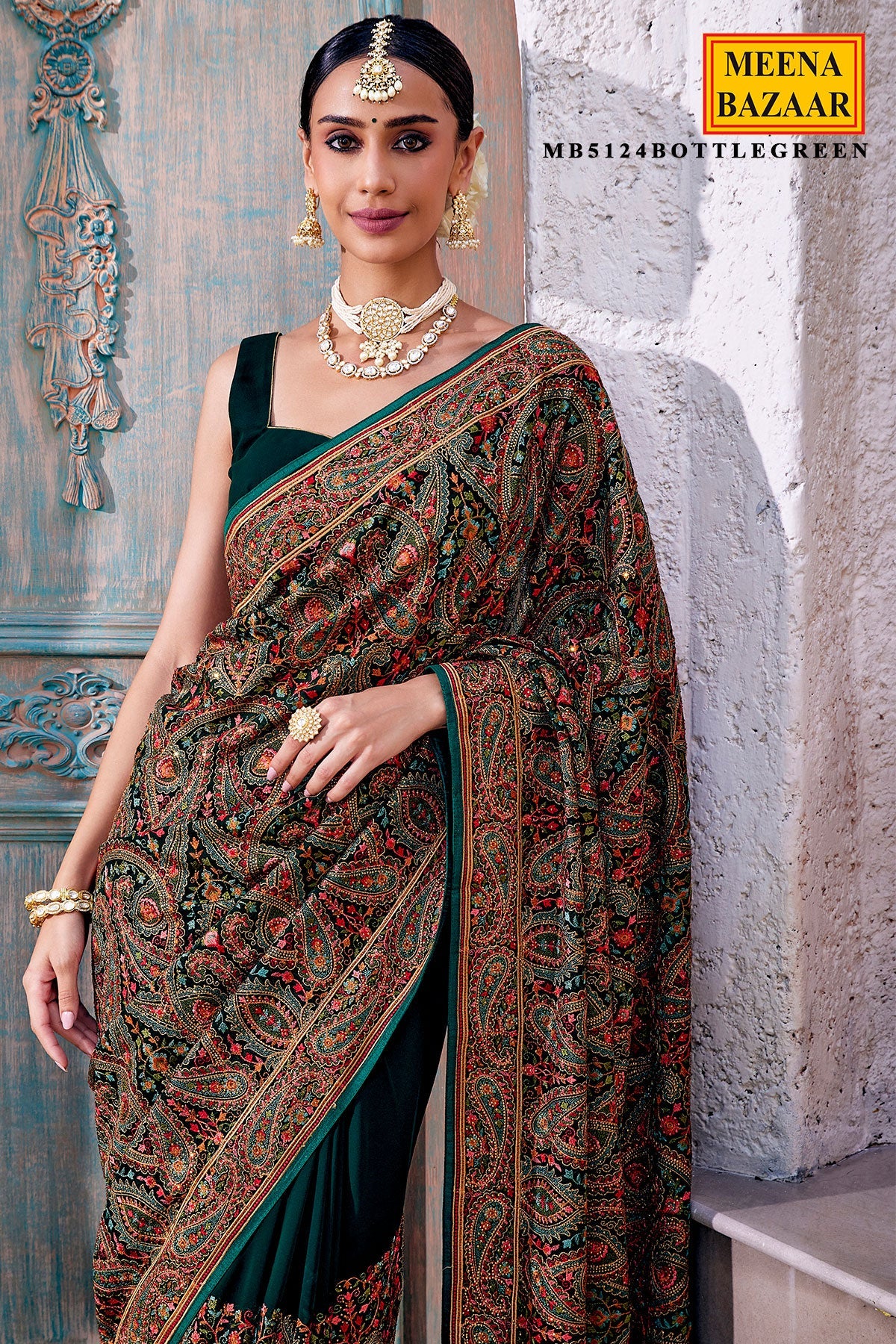 Bottle Green Georgette Colorful Thread Embroidered Saree