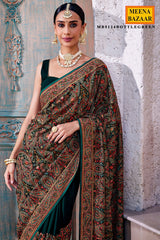 Bottle Green Georgette Colorful Thread Embroidered Saree